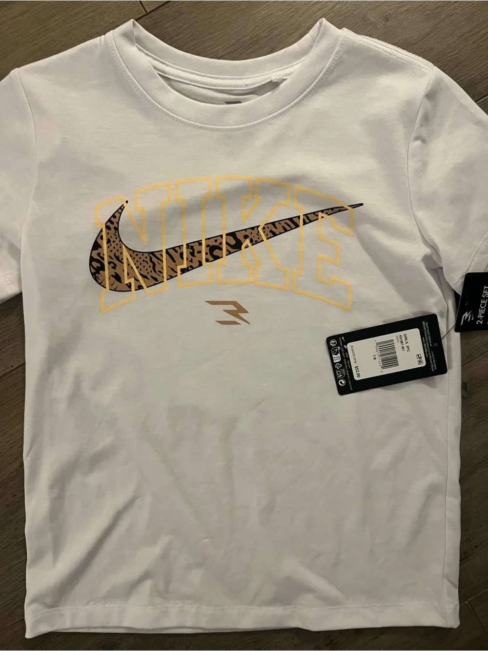 Nike White Tee with Leopard Swoosh & Peach Athletic Shorts